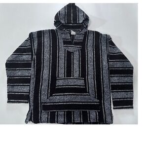 FRANKS Baja Hoodie Pullover Blanket Poncho L Black Gray Stripe 1084